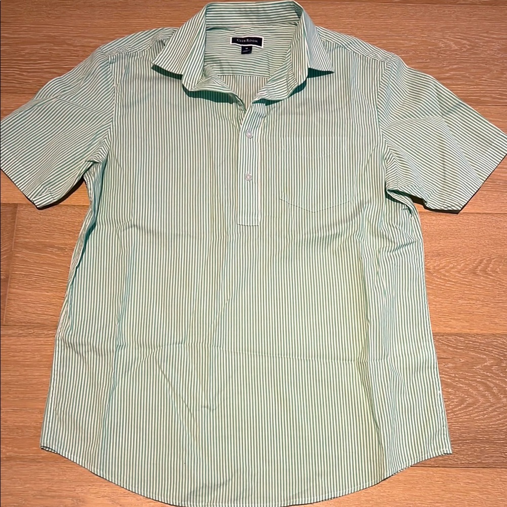 Vintage 1980s green and white striped button down men’s shirt size medium.